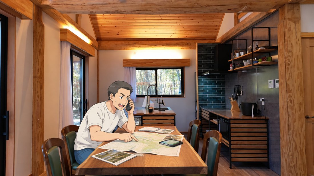 地図を広げて電話するオーナー（イラスト）