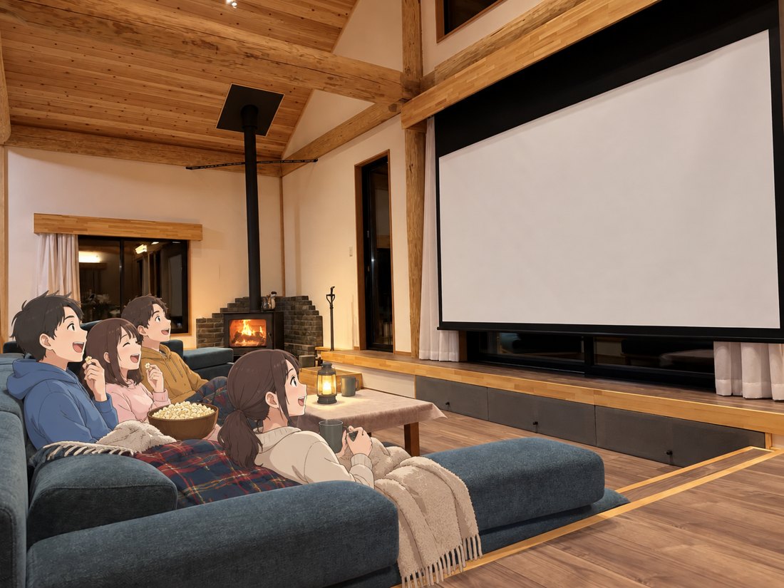 スクリーンで映画を観る友だち（イラスト）