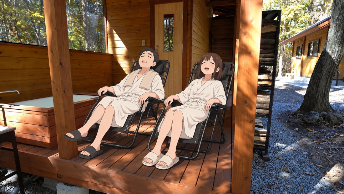 サウナのあとデッキで休む夫婦（イラスト）
