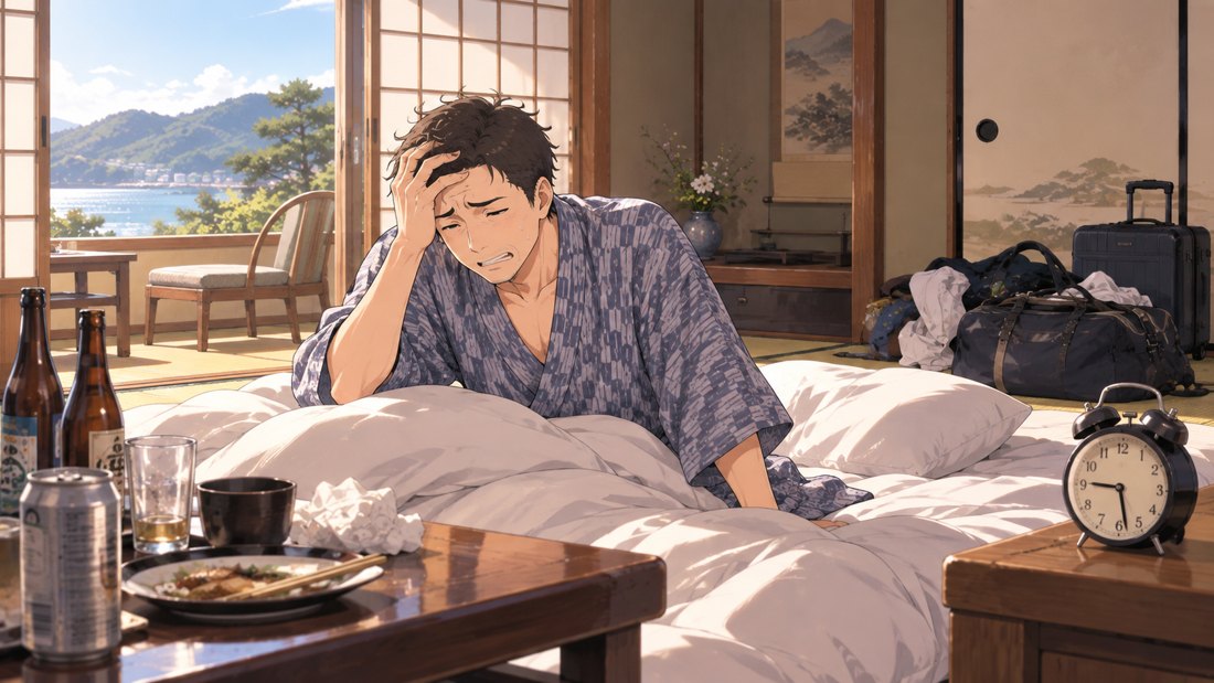 二日酔いの朝のオーナー(イラスト)