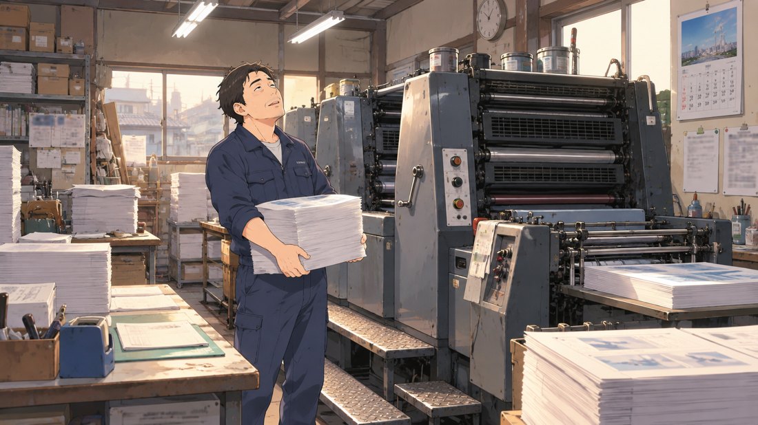 印刷工場で働くオーナー(イラスト)