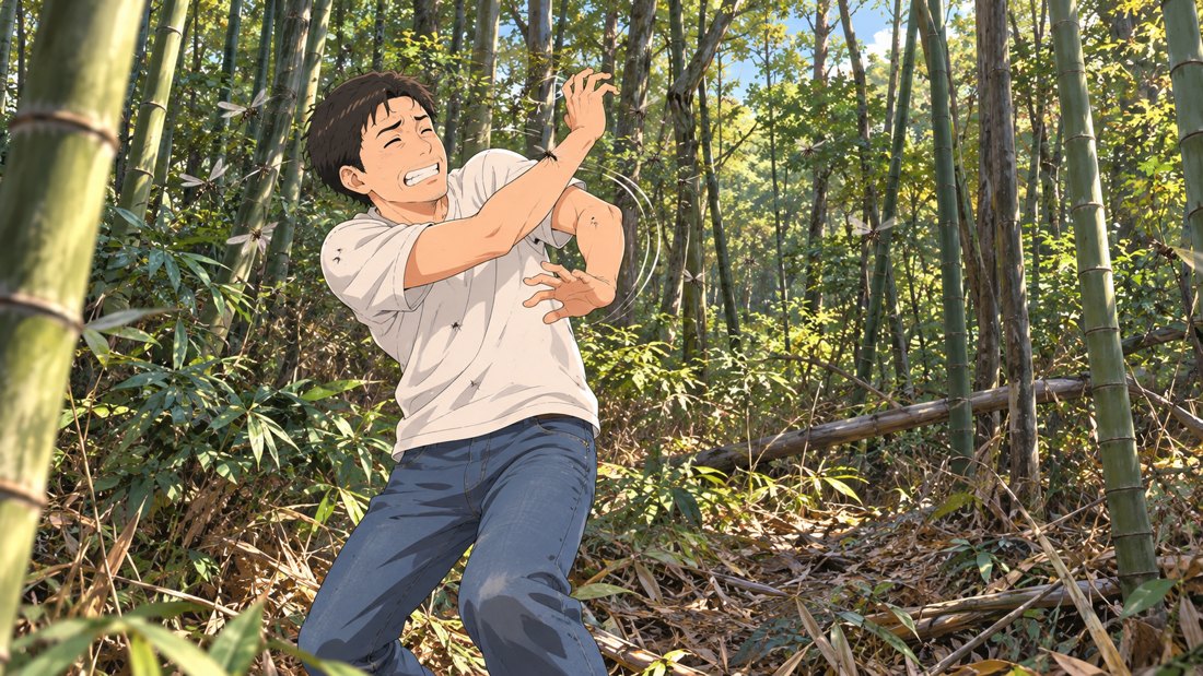 館山の森で虫に囲まれるオーナー(イラスト)