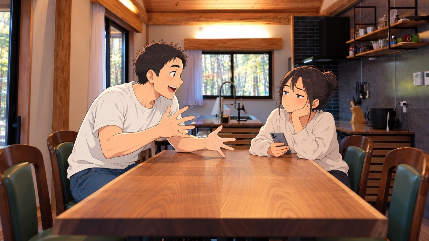 昔話をするオーナーとあきれる娘さん(イラスト)