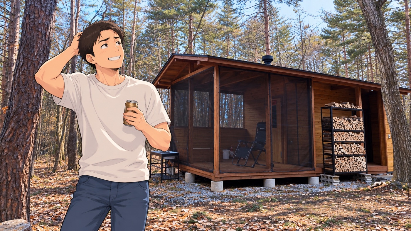 サウナ小屋の前で照れ笑いするオーナー(イラスト)